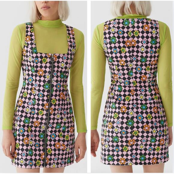 Lazy Oaf Retro Daisy Dress Checker Pink Zip Up sz 6 Groovy Streetwear Maximalist - Picture 1 of 11
